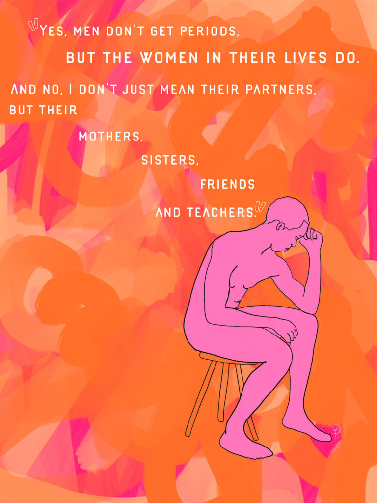 Men Should Learn to Talk about Periods, period. Text by Naomi Louise Jenkins. Artwork by Olga Perelman